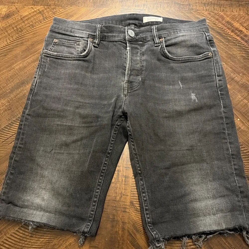 AllSaints Women's Dark Gray/black Distressed Denim Long Cut-Off Shorts 30